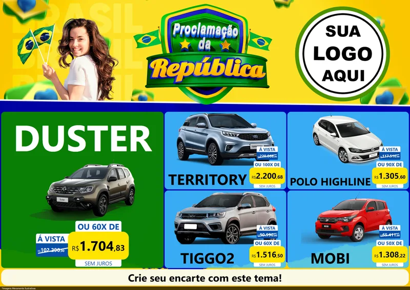 Modelo de Encarte para Encarte A4 Horizontal com o tema Proclamação da República para Concessionaria de Carros