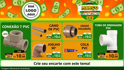 Modelo de TV para TV Horizontal com o tema Comece Março Economizando para Tubos e conexões