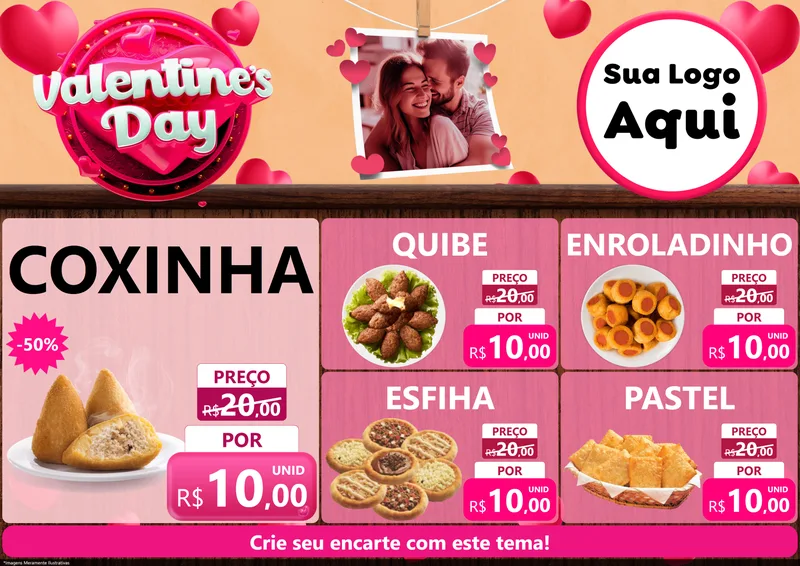 Modelo de Encarte para Encarte A4 Horizontal com o tema Valentine's Day para Salgadaria
