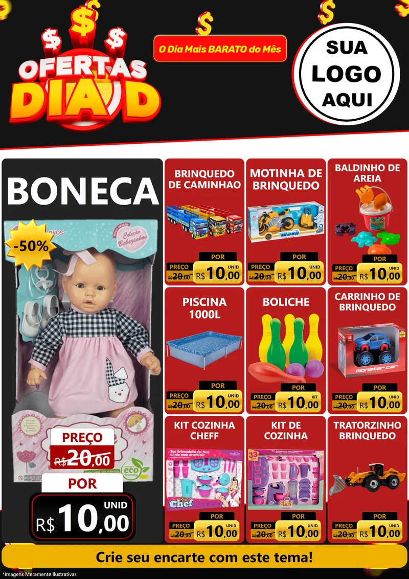 Modelo de Encarte para Encarte A4 Vertical com o tema Ofertas Dia D para Brinquedos