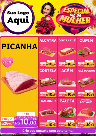 Modelo de Encarte para Encarte A4 Vertical com o tema Especial Dia da Mulher para Açougue