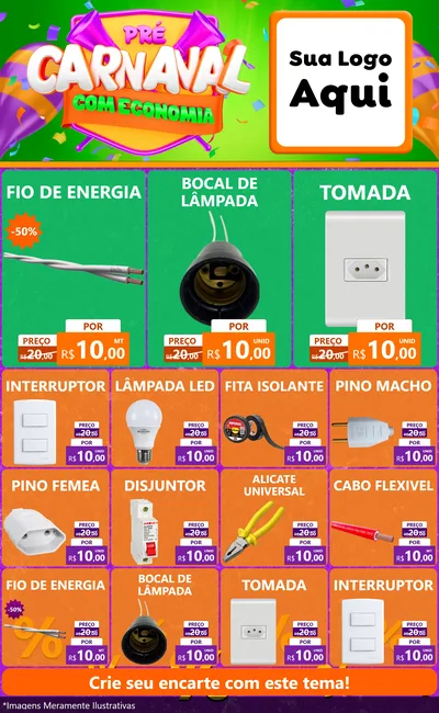 Modelo de Encarte para Encarte Grande com o tema Pré-Carnaval Com Economia para Materiais Elétricos