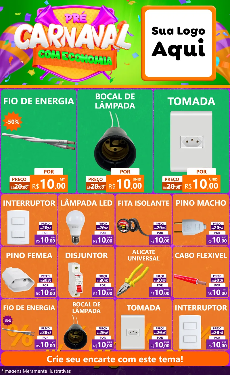 Modelo de Encarte para Encarte Grande com o tema Pré-Carnaval Com Economia para Materiais Elétricos