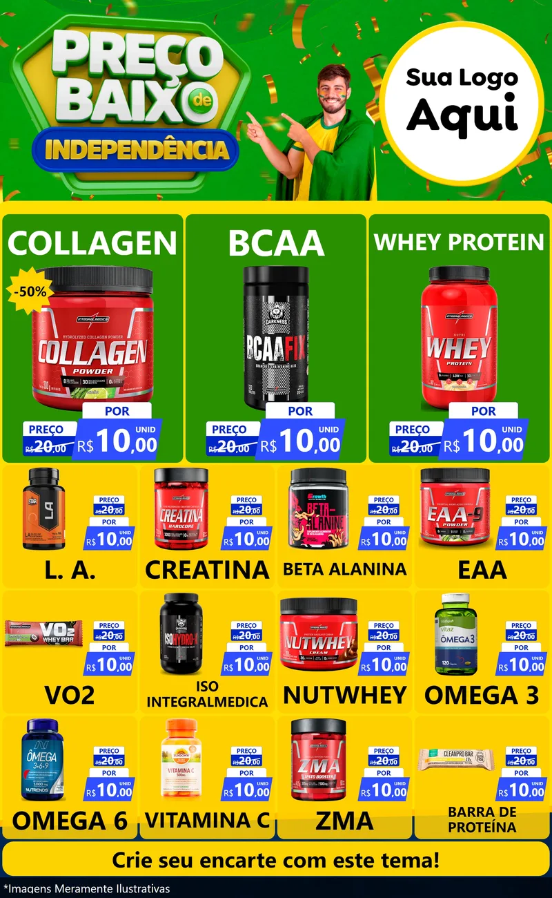 Modelo de Encarte para Encarte Grande com o tema Preço Baixo de Independência para Suplementos alimentares