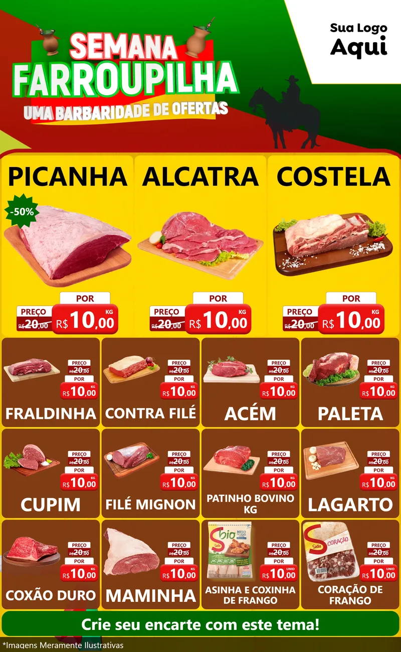 Modelo de Encarte para Encarte Grande com o tema Semana Farroupilha - Uma Barbaridade de Ofertas para Açougue