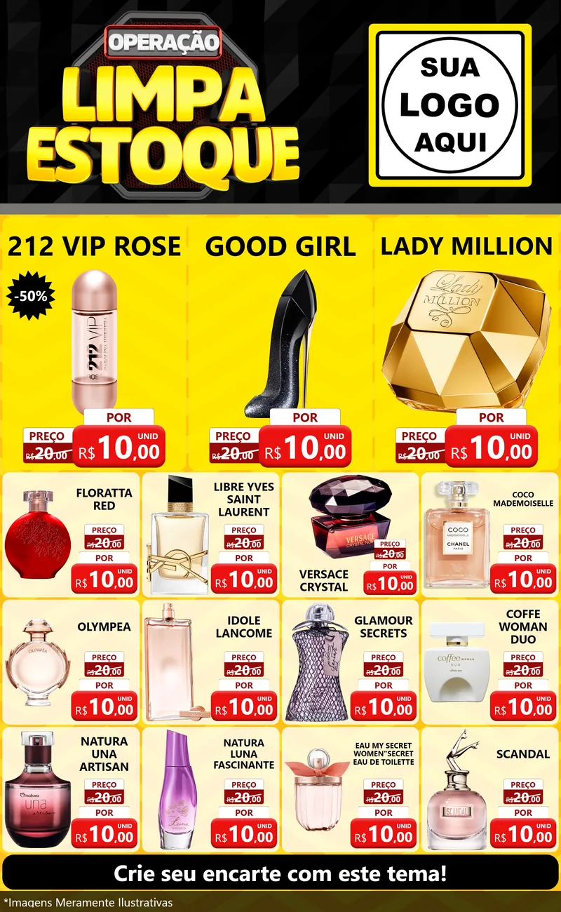 Modelo de Encarte para Encarte Grande com o tema Operação Limpa Estoque para Perfumes