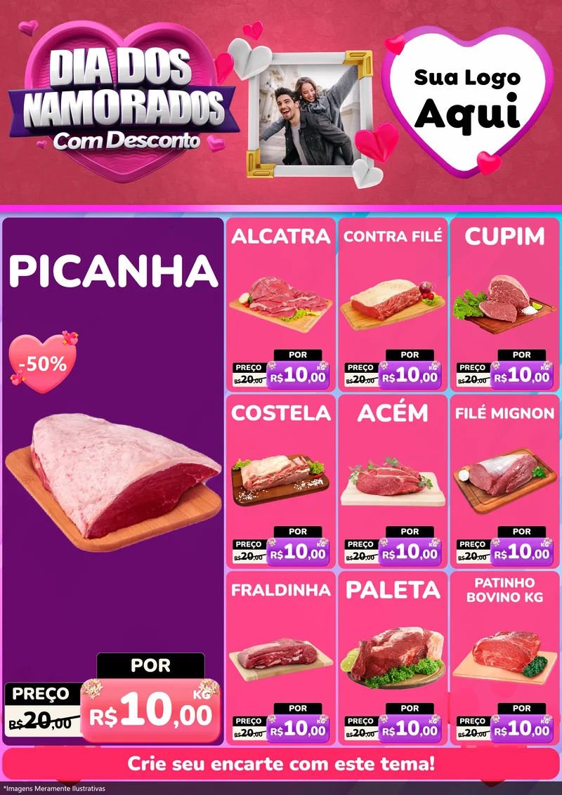 Modelo de Encarte para Encarte A4 Vertical com o tema Dia Dos Namorados Com Desconto para Açougue