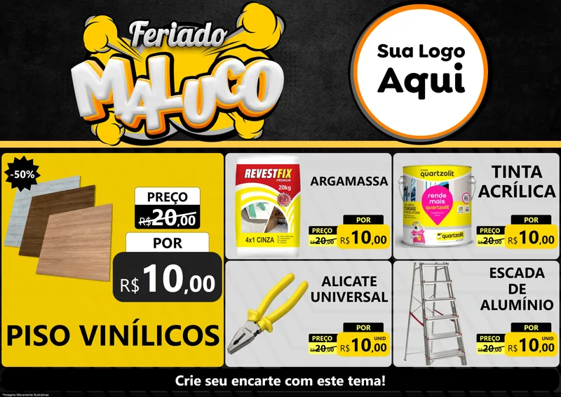 Modelo de Encarte para Encarte A4 Horizontal com o tema Feriado Maluco para Material para Construção