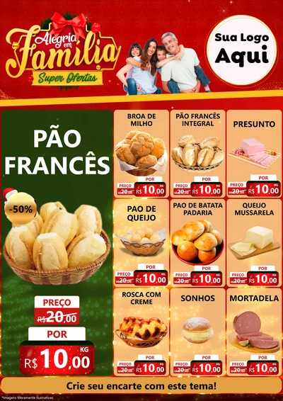 Modelo de Encarte para Encarte A4 Vertical com o tema Alegria em Família Super Ofertas - Natal para Padaria