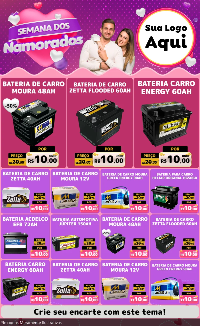 Modelo de Encarte para Encarte Grande com o tema Semana dos Namorados para Baterias Elétricas