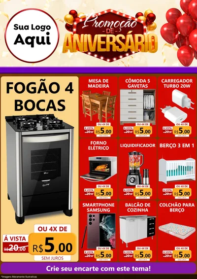 Modelo de Encarte para Encarte A4 Vertical com o tema Promoção de Aniversário para Móveis e Eletro