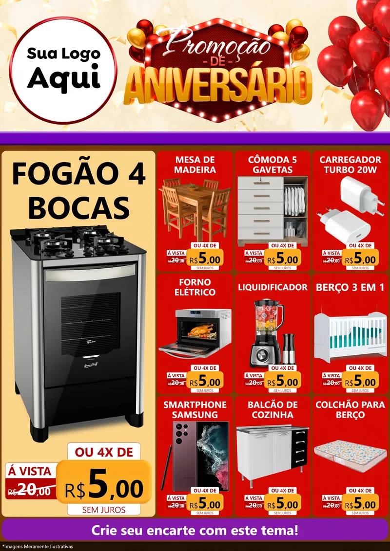 Modelo de Encarte para Encarte A4 Vertical com o tema Promoção de Aniversário para Móveis e Eletro