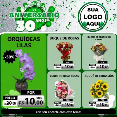 Modelo de Rede Social para Feed Facebook com o tema Promoção de Aniversário - 30 Anos para Floricultura e jardim