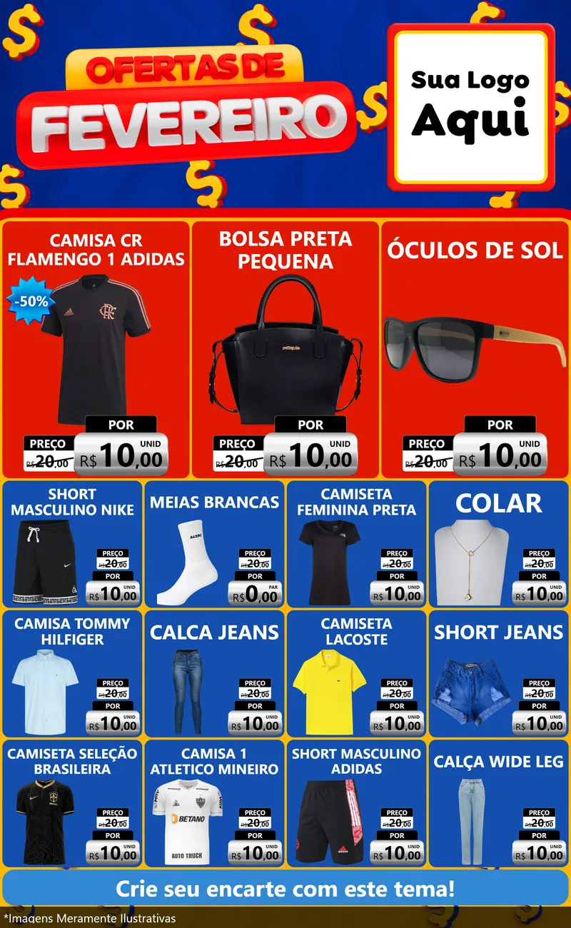 Modelo de Encarte para Encarte Grande com o tema Ofertas de Fevereiro para Roupas e acessórios
