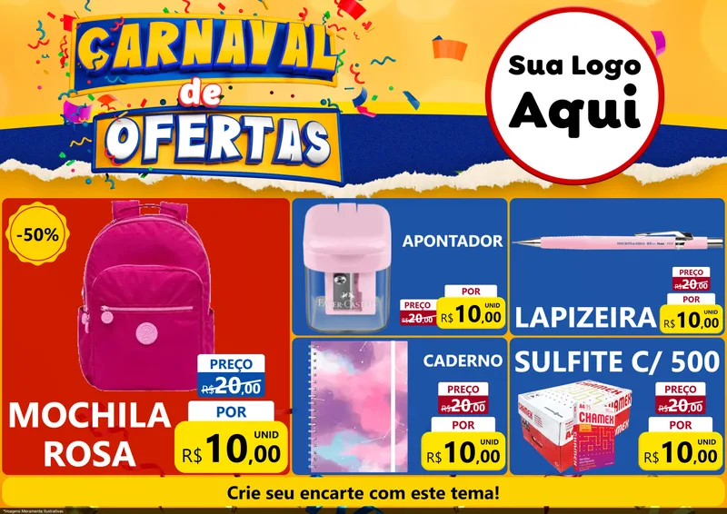 Modelo de Encarte para Encarte A4 Horizontal com o tema Carnaval de Ofertas para Papelaria