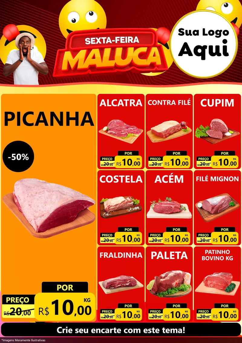 Modelo de Encarte para Encarte A4 Vertical com o tema Sexta-feira Maluca para Açougue