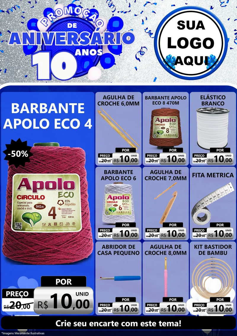 Modelo de Encarte para Encarte A4 Vertical com o tema Promoção de Aniversário - 10 Anos para Armarinho e Aviamentos
