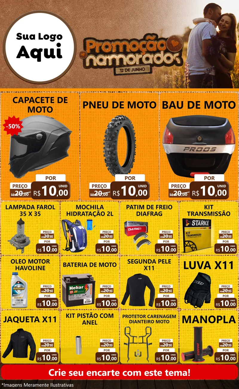 Modelo de Encarte para Encarte Grande com o tema Promoção Namorados para Moto peças