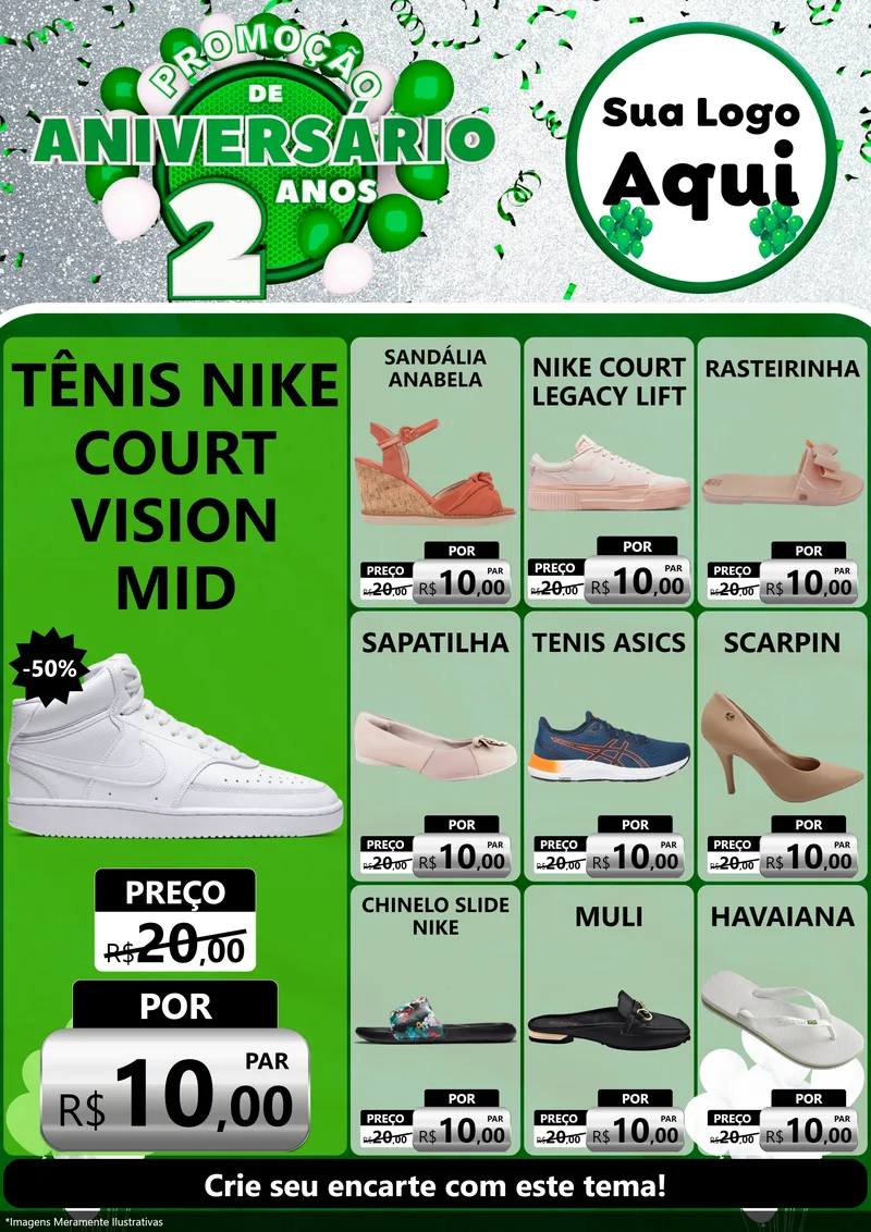 Modelo de Encarte para Encarte A4 Vertical com o tema Promoção de Aniversário - 2 Anos para Calçados