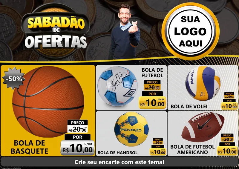 Modelo de Encarte para Encarte A4 Horizontal com o tema Sabadão de Ofertas para Artigos Esportivos