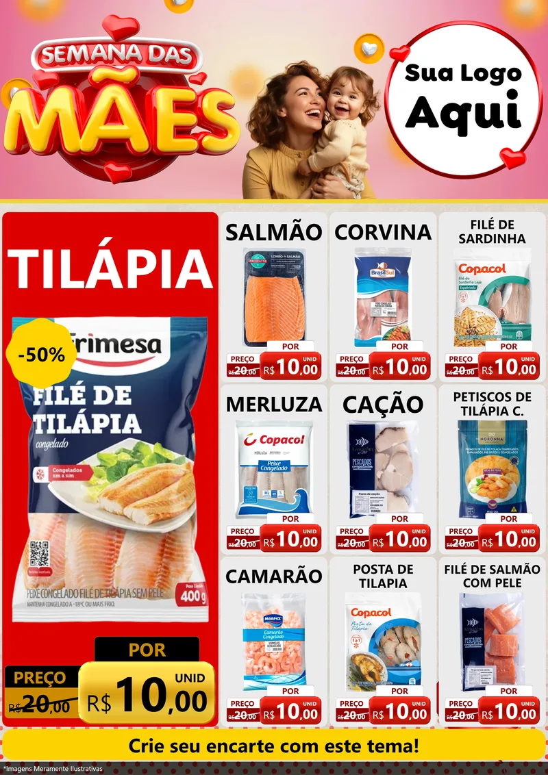 Modelo de Encarte para Encarte A4 Vertical com o tema Semana das Mães para Peixaria