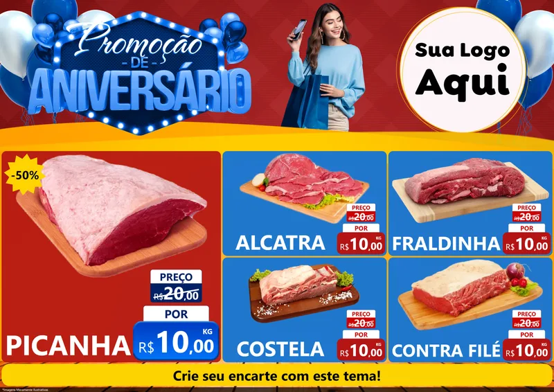 Modelo de Encarte para Encarte A4 Horizontal com o tema Promoção de Aniversário para Açougue