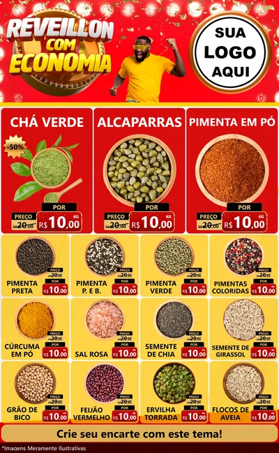Modelo de Encarte para Encarte Grande com o tema Réveillon com Economia para Produtos Naturais