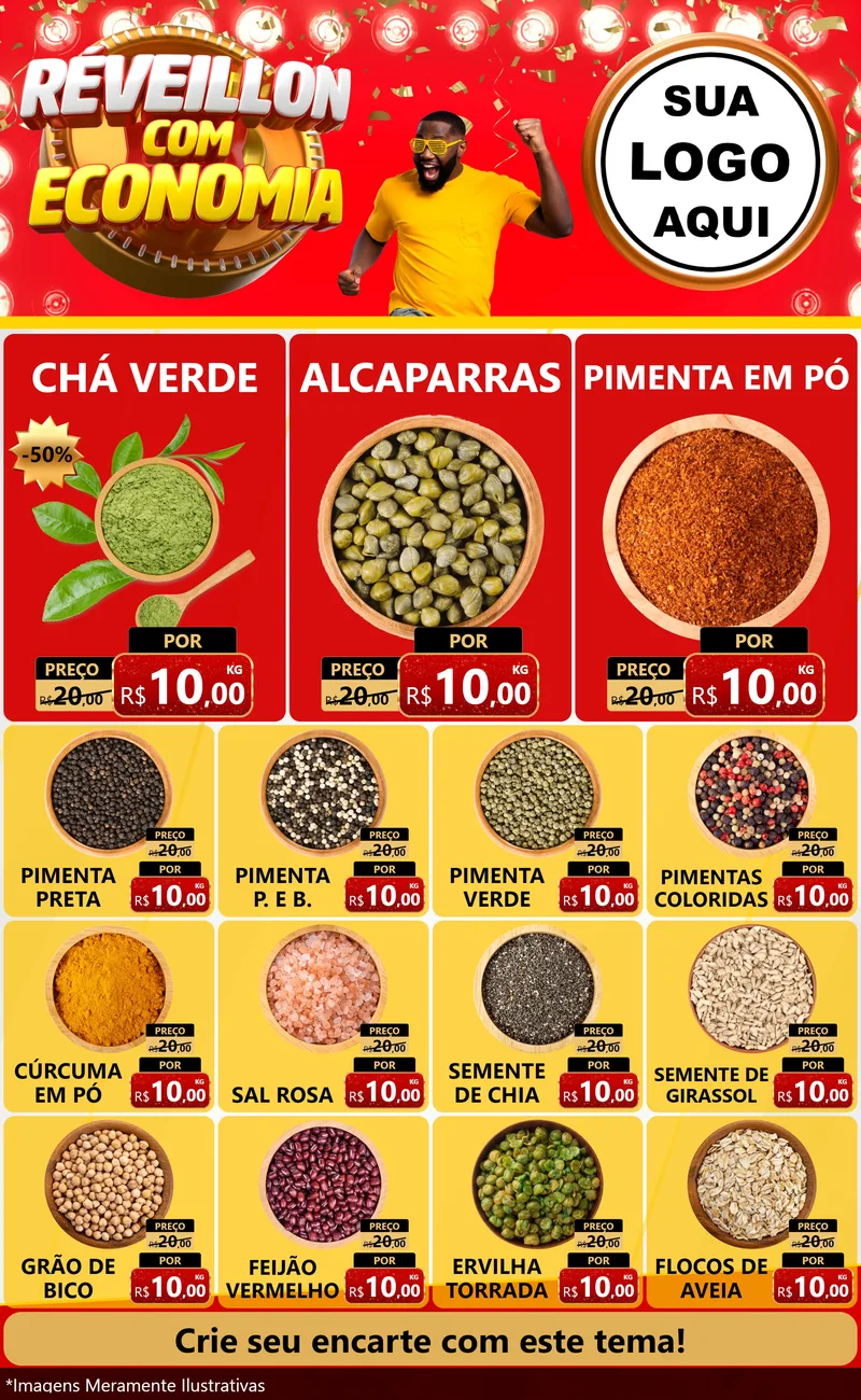 Modelo de Encarte para Encarte Grande com o tema Réveillon com Economia para Produtos Naturais