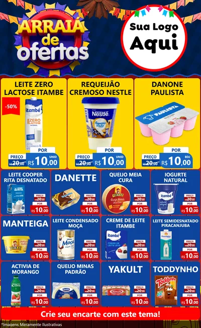 Modelo de Encarte para Encarte Grande com o tema Arraiá de Ofertas para Frios e Laticínios
