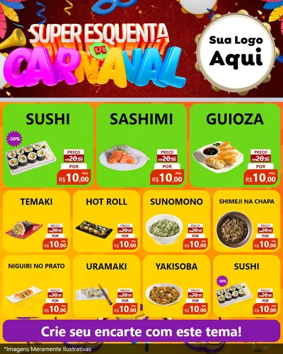 Modelo de Rede Social para Feed Instagram com o tema Super Esquenta de Carnaval para Comida japonesa