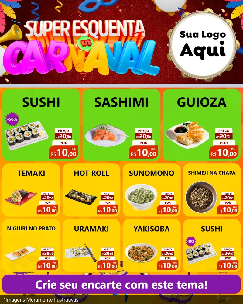 Modelo de Rede Social para Feed Instagram com o tema Super Esquenta de Carnaval para Comida japonesa