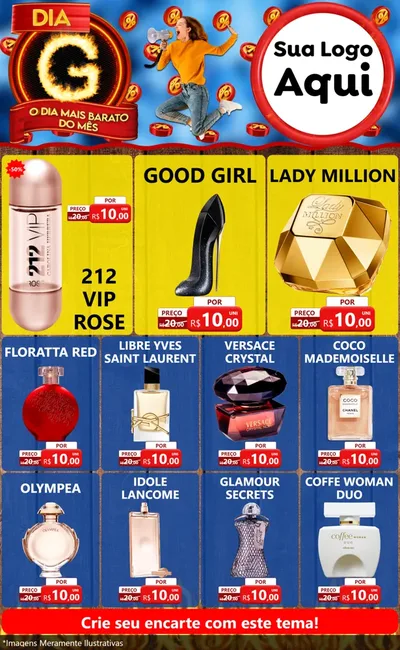 Modelo de Encarte para Encarte Grande com o tema Dia G - O Dia Mais Barato Do Mês para Perfumes