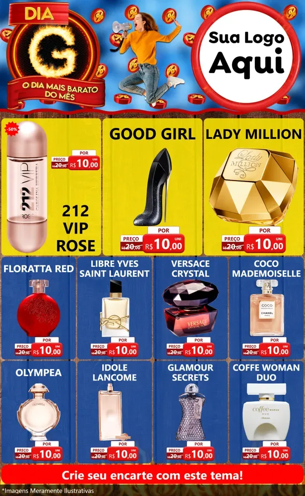 Modelo de Encarte para Encarte Grande com o tema Dia G - O Dia Mais Barato Do Mês para Perfumes