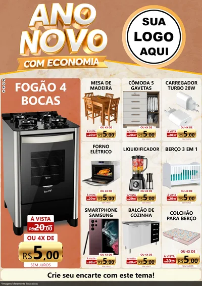 Modelo de Encarte para Encarte A4 Vertical com o tema Ano Novo Com Economia para Móveis e Eletro