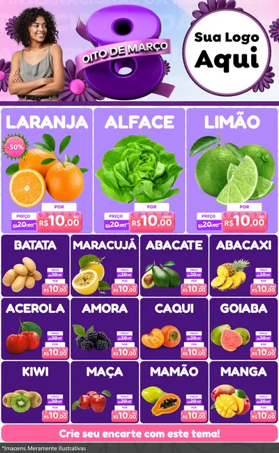 Modelo de Encarte para Encarte Grande com o tema Oito de Março - Dia da Mulher para Hortifrúti