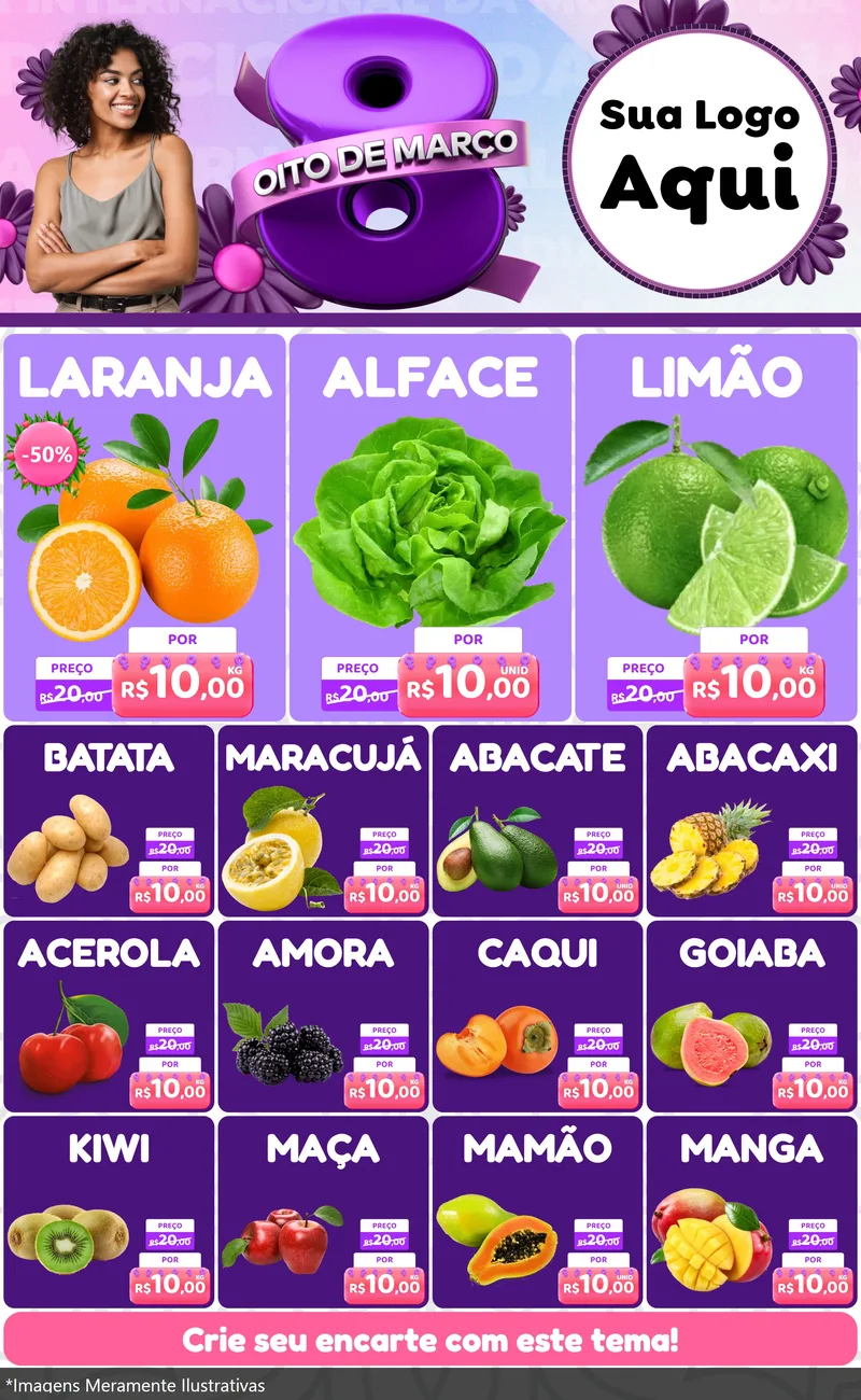 Modelo de Encarte para Encarte Grande com o tema Oito de Março - Dia da Mulher para Hortifrúti