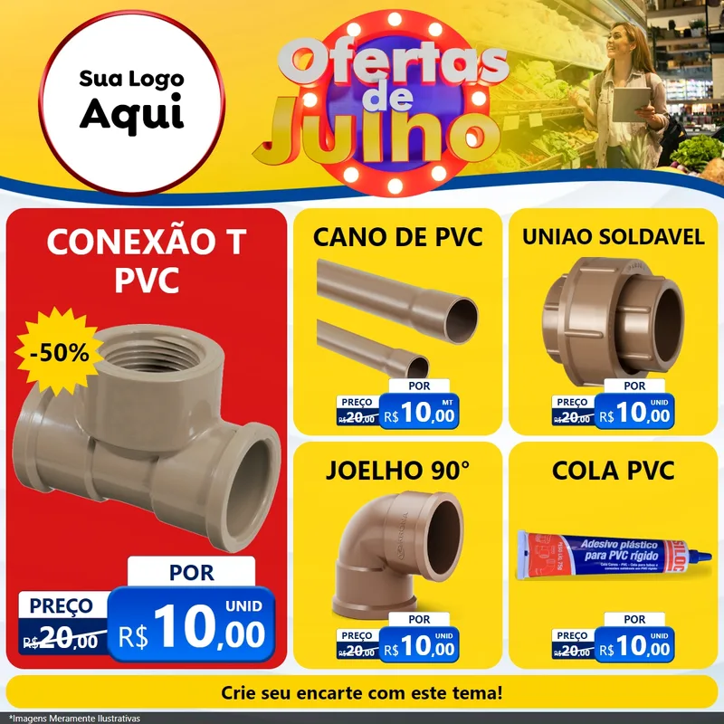 Modelo de Rede Social para Feed Facebook com o tema Ofertas de Julho para Tubos e conexões