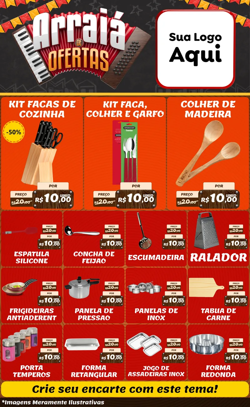 Modelo de Encarte para Encarte Grande com o tema Arraiá de Ofertas - Junina para Utilidades Domésticas