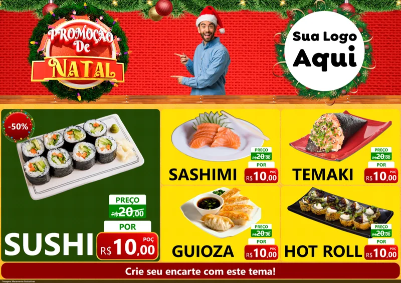 Modelo de Encarte para Encarte A4 Horizontal com o tema Promoção de Natal para Comida japonesa