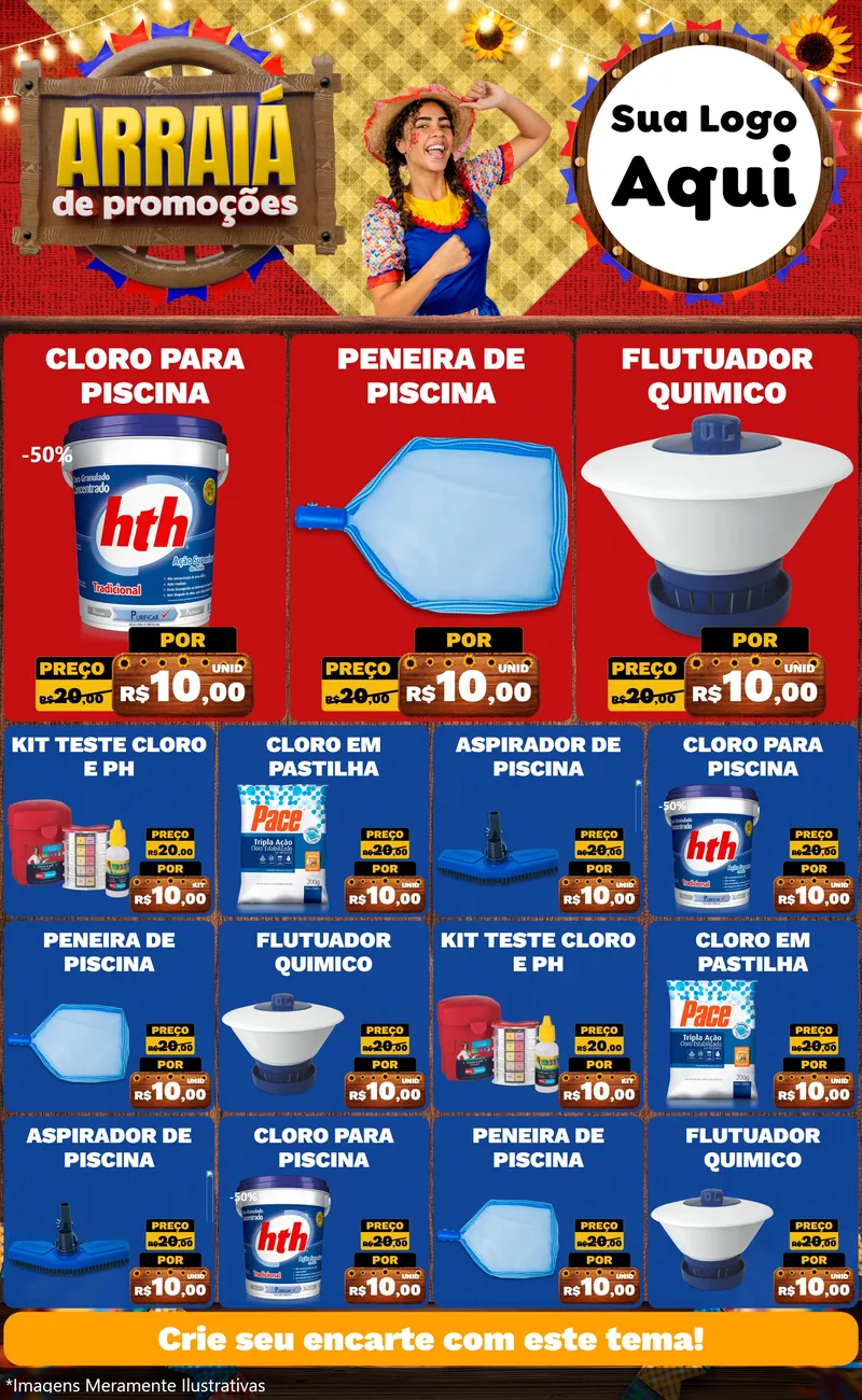 Modelo de Encarte para Encarte Grande com o tema Arraiá de Promoções para Produtos para Piscina