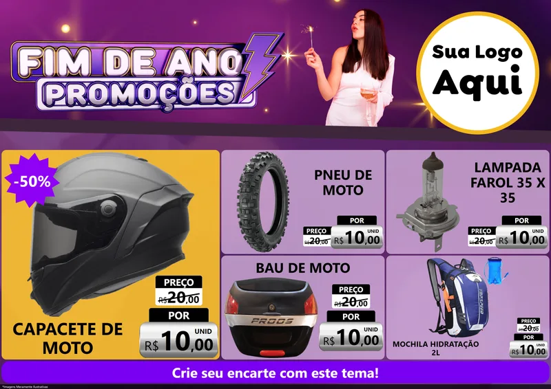 Modelo de Encarte para Encarte A4 Horizontal com o tema Fim de Ano Promoções para Moto peças