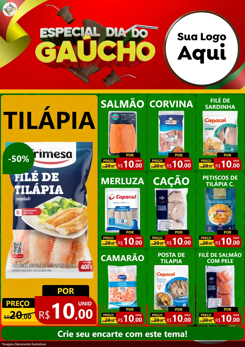 Modelo de Encarte para Encarte A4 Vertical com o tema Especial Dia do Gaúcho para Peixaria