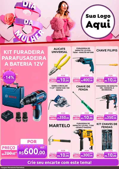 Modelo de Encarte para Encarte A4 Vertical com o tema Dia da Mulher para Maquinas e Ferramentas
