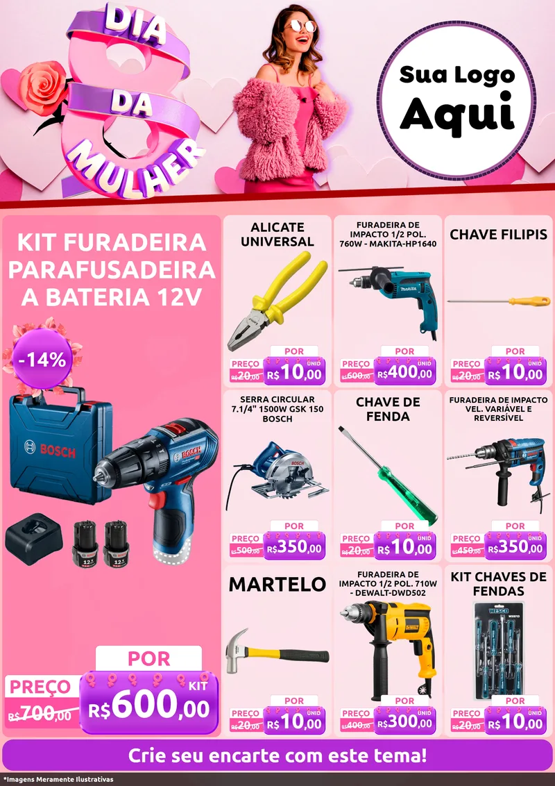 Modelo de Encarte para Encarte A4 Vertical com o tema Dia da Mulher para Maquinas e Ferramentas