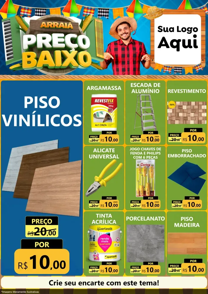Modelo de Encarte para Encarte A4 Vertical com o tema Arraiá de Preço Baixo - Junina para Material para Construção