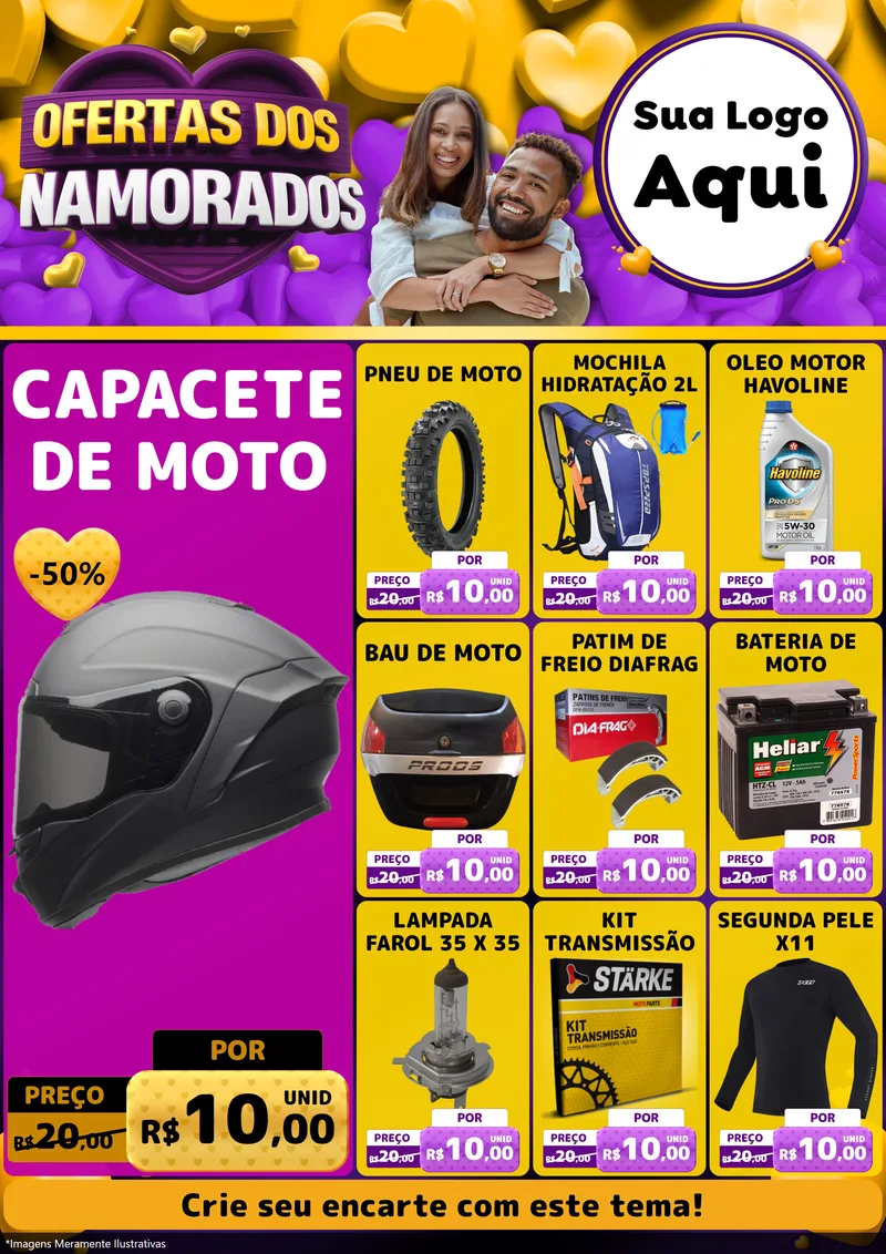 Modelo de Encarte para Encarte A4 Vertical com o tema Oferta Dos Namorados para Moto peças