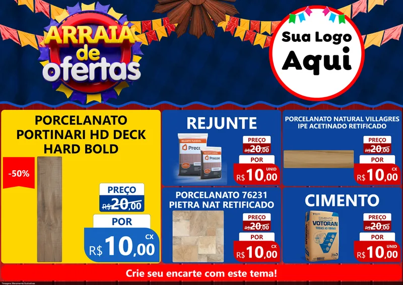 Modelo de Encarte para Encarte A4 Horizontal com o tema Arraiá de Ofertas para Pisos e revestimentos