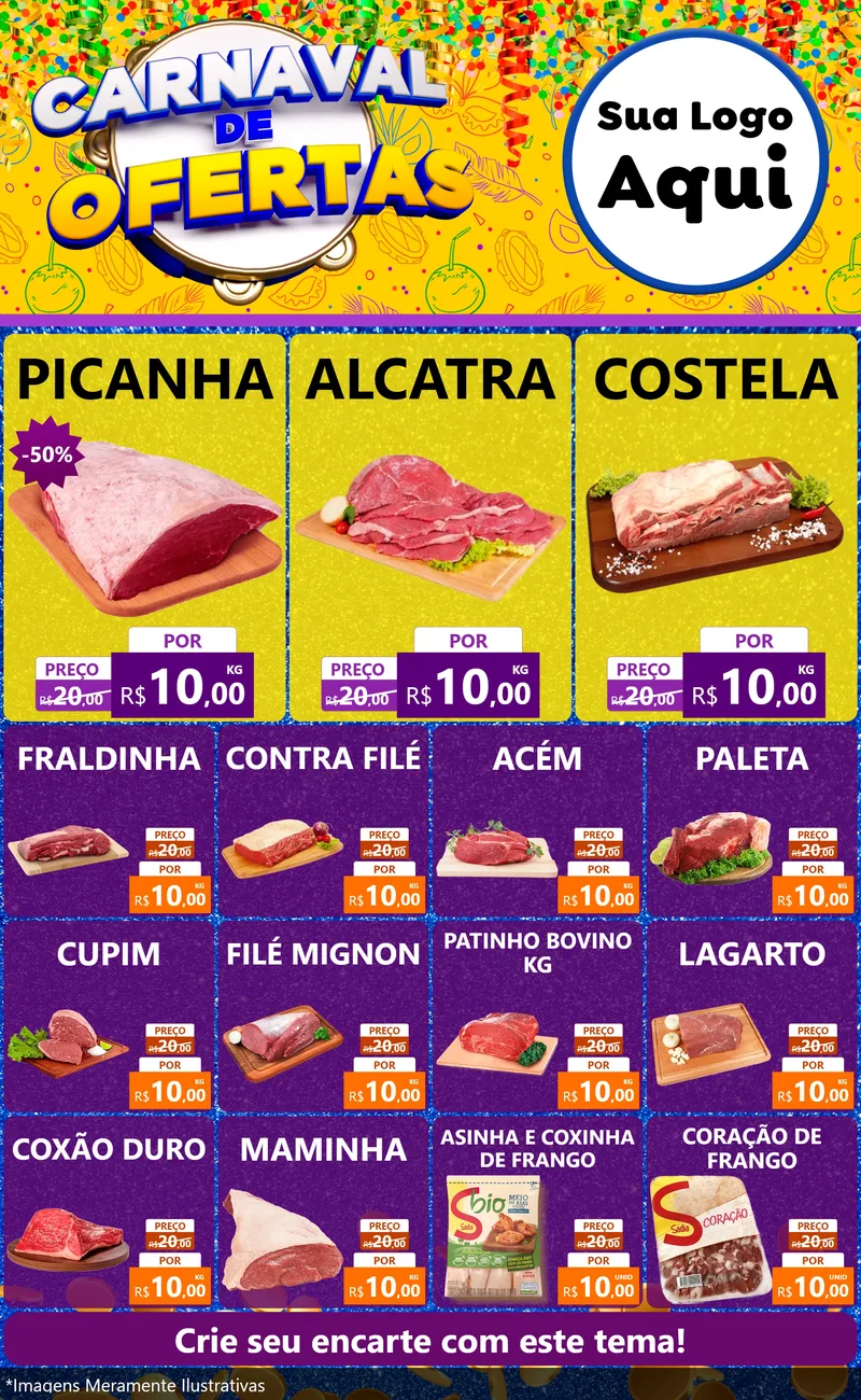 Modelo de Encarte para Encarte Grande com o tema Carnaval de Ofertas para Açougue