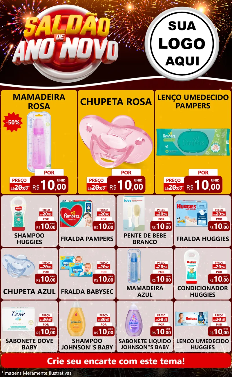 Modelo de Encarte para Encarte Grande com o tema Saldão de Ano Novo para Bebês