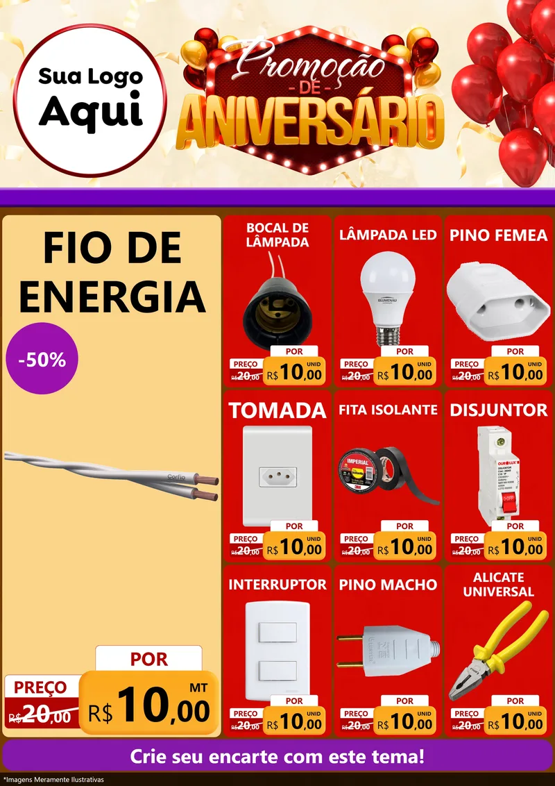 Modelo de Encarte para Encarte A4 Vertical com o tema Promoção de Aniversário para Materiais Elétricos
